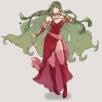  1girl absurdres alternate_costume alternate_hair_length alternate_hairstyle blush boots bracelet breasts cleavage closed_mouth dragonstone dress english_commentary fire_emblem fire_emblem_awakening full_body green_eyes green_hair grey_background hair_between_eyes hair_ornament highres jewelry long_hair looking_at_viewer medium_breasts pointy_ears red_dress red_footwear sakuremi shadow side_slit signature simple_background smile solo strapless strapless_dress tiki_(adult)_(fire_emblem) tiki_(fire_emblem) very_long_hair 