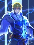  1boy blonde_hair blue_eyes blue_gloves connectmyd dragon_install fingerless_gloves gloves glowing guilty_gear guilty_gear_strive hair_between_eyes highres holding holding_sword holding_weapon jacket ky_kiske lightning long_sleeves looking_at_viewer male_focus pectoral_cleavage pectorals short_hair sword thunderseal weapon white_jacket 
