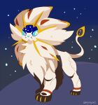 blue_background blue_sclera colored_sclera creature lion mane no_humans pokemon pokemon_(creature) qaquro solgaleo sparkle tail twitter_username whiskers white_fur 