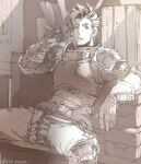  1boy armor belt breastplate cigarette facial_hair feet_out_of_frame gloves granblue_fantasy greyscale karipaku looking_at_viewer male_focus mature_male monochrome pants rackam_(granblue_fantasy) sitting sketch solo spread_legs stubble sunlight 