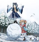  3girls alinoce716 black_hair blonde_hair blue_scarf closed_eyes fairy_wings gloves highres long_hair luna_child multiple_girls red_hair scarf snow snowball star_sapphire sunny_milk touhou touhou_sangetsusei two_side_up white_headwear wings winter winter_clothes yellow_eyes yellow_scarf 
