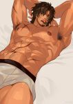  absurdres armpit_hair bara black_hair blue_eyes clive_rosfield final_fantasy final_fantasy_xvi food fruit highres le_zhang_zhang male_focus muscular muscular_male naked_shirt scar shirt strawberry sweat tattoo underass underwear 