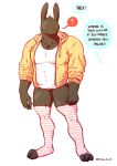  2021 3_toes anthro banana_da_boi biped black_body claws clothing digital_drawing_(artwork) digital_media_(artwork) english_text feet fur hi_res hoodie hybrid lagomorph leporid male mammal rabbit shirt simple_background solo speech_bubble standing text toe_claws toes topwear 