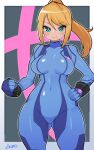  1girl absurdres ass_visible_through_thighs blonde_hair blue_bodysuit blue_eyes blush bodysuit breasts closed_mouth covered_navel hand_on_own_hip highres large_breasts long_hair looking_at_viewer metroid metroid_(classic) mole mole_under_mouth ponytail ryuusui_arumo samus_aran smile solo zero_suit 