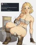  1girl abs alternate_muscle_size basin blonde_hair blush chest_sarashi fingerless_gloves gloves green_eyes hair_ornament hairclip looking_at_viewer muscular muscular_female pointy_ears princess_zelda sarashi squatting sweat the_legend_of_zelda toned twitter washboard wet white_background yoracrab 