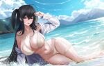  1girl absurdres arm_up azur_lane beach bikini black_hair blue_sky breasts cleavage cloud commentary day highres horizon large_breasts long_hair looking_at_viewer lying mountain navel ocean official_alternate_costume on_side one_side_up pulled_by_self red_eyes shirt sky smitcuk solo stomach strap_pull swimsuit taihou_(azur_lane) taihou_(seaside_daydreams)_(azur_lane) thigh_strap thighs tongue tongue_out very_long_hair water wet white_bikini white_shirt 