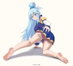  1girl aqua_(konosuba) arm_support bare_legs barefoot bent_over blue_eyes blue_hair blue_shirt blue_skirt breasts conejologia detached_sleeves english_commentary feet from_behind full_body hair_rings highres kono_subarashii_sekai_ni_shukufuku_wo! legs long_hair looking_at_viewer looking_back medium_breasts miniskirt pleated_skirt shadow shirt simple_background single_hair_ring skirt soles solo teeth thighs toes white_background 