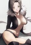  1girl belt black_belt black_hair black_jacket breasts closed_mouth commentary_request fagi_(kakikaki) fur-trimmed_jacket fur_trim highres jacket large_breasts lips lipstick long_sleeves looking_at_viewer makeup merlin_(nanatsu_no_taizai) mole mole_under_eye nanatsu_no_taizai navel open_clothes open_jacket pink_lips revealing_clothes shadow short_hair simple_background sitting smile solo stomach white_background yellow_eyes 