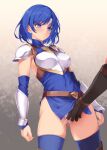  1girl 1other armor ass ass_visible_through_thighs black_gloves blue_eyes blue_hair blush boots breasts brown_footwear cameltoe catria_(fire_emblem) covered_navel detached_sleeves fingering fingerless_gloves fire_emblem fire_emblem:_mystery_of_the_emblem fire_emblem:_shadow_dragon_and_the_blade_of_light gloves gradient_background headband kirishima_satoshi knight panties pantyshot pegasus_knight_uniform_(fire_emblem) short_hair side_slit sleeveless solo_focus thighhighs thighhighs_under_boots underwear white_background white_headband white_panties 