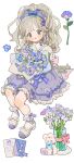 1girl ankle_cuffs artist_name blonde_hair blue_bow blue_bowtie blue_eyes blue_flower blue_skirt blush_stickers bouquet bow bowtie buttons child closed_mouth commentary dangle_earrings earrings english_commentary envelope eyelashes flower flower_earrings footwear_bow frilled_bow frilled_jacket frills frown full_body grape_print hair_bow hair_ornament hairclip heart heart_hair_ornament high_heels high_ponytail highres holding holding_bouquet jacket jewelry lace-trimmed_skirt lace_trim letter long_hair looking_at_viewer miniskirt multiple_hair_bows original pink_bow puffy_sleeves pumps putong_xiao_gou red_lips ribbon-trimmed_jacket sample_watermark see-through shirt simple_background skirt socks solo stuffed_animal stuffed_rabbit stuffed_toy turtleneck vase watermark white_background white_bow white_footwear white_jacket white_shirt white_socks 