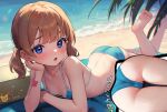  1girl ass barefoot bikini blue_bikini blue_eyes blush breasts brown_hair c_(theta) collarbone feet_up hand_on_own_cheek hand_on_own_face head_rest highres idolmaster idolmaster_million_live! looking_at_viewer lying mat micro_bikini multiple_views on_stomach outdoors short_twintails small_breasts suou_momoko swimsuit twintails 