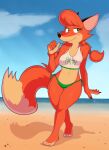  absurd_res anthro beach bedroom_eyes bikini blackmore blush braided_hair braided_pigtails breasts canid canine clothing cloud female fox freckles hair hi_res mammal medium_breasts narrowed_eyes navel patricia_mac_sionnach raised_tail sea seaside seductive solo swimwear tail thick_thighs water 