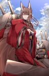  1girl absurdres amagi_(azur_lane) animal_ear_fluff animal_ears azur_lane bird black_choker blue_sky blunt_bangs breasts bridal_gauntlets brown_hair cannon choker cleavage cloud cloudy_sky commentary cowboy_shot dated_commentary fox_ears fox_girl fox_tail hair_ornament hand_up highres japanese_clothes kimono kitsune kyuubi large_breasts long_hair multiple_tails print_kimono purple_eyes red_kimono rigging samip see-through_cleavage sky solo tail thick_eyebrows turret wide_sleeves 