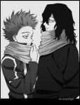  2boys bags_under_eyes bloodshot_eyes boku_no_hero_academia clenched_teeth closed_mouth eraser_head_(boku_no_hero_academia) facial_hair fingernails hair_between_eyes letterboxed long_hair long_scarf long_sleeves male_focus messy_hair monochrome multiple_boys popo_take scarf shinsou_hitoshi simple_background sparse_stubble stubble teeth twitter_username u.a._gym_uniform upper_body yaoi 