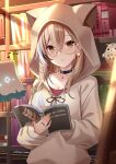  1girl :o absurdres animal_hood benchen06 berry black_choker book bookshelf brown_eyes brown_hair brown_hoodie choker crossed_bangs earrings ears_through_headwear feathers food-themed_earrings friend_(nanashi_mumei) glasses highres holding holding_book hololive hololive_english hood hood_up hoodie hootsie_(nanashi_mumei) jewelry library light_particles light_rays long_hair looking_at_viewer multicolored_hair musical_note nanashi_mumei necklace objectification official_alternate_costume open_mouth oversized_clothes quill red_shirt round_eyewear runes shirt sleeves_past_wrists streaked_hair sweater virtual_youtuber white_sweater 