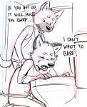  anthro black_nose bodily_fluids bottomwear briefs canid canine canis clothing comic crying dialogue domestic_dog duo english_text fox hangover male mammal monochrome pants poop_(artist) sad shirt sketch tank_top tears text toilet topwear underwear 