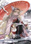  1girl absurdres animal animal_ears arknights flower fox fox_ears fox_girl fox_tail hair_down hair_flower hair_ornament hairband highres holding holding_umbrella japanese_clothes kimono kitsune long_hair looking_at_viewer mento multiple_tails outdoors petting snow solo squatting suzuran_(yukibare)_(arknights) tail umbrella winter 