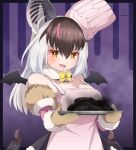  1girl animal_ears apron bat_ears bat_girl bat_wings brown_eyes brown_hair brown_long-eared_bat_(kemono_friends) chef chef_hat cooking drias elbow_gloves extra_ears gloves grey_hair hat highres kemono_friends kemono_friends_v_project long_hair looking_at_viewer microphone open_mouth simple_background skirt solo virtual_youtuber wings 
