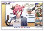  6+boys animal_ears aoi_hinata aoi_yuta blue_eyes blue_jacket cat_boy cat_ears cat_tail character_name chibi daya_kro ensemble_stars! fang grey_shirt highres himeru_(ensemble_stars!) holding holding_paper itsuki_shu jacket kagehira_mika long_sleeves male_focus multiple_boys oukawa_kohaku paper pink_hair ran_nagisa saegusa_ibara sazanami_jun shiina_niki shirt short_hair tail tomoe_hiyori video_call 