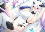  1girl arm_up armpits asymmetrical_legwear azur_lane black_shrug blush breasts covered_navel gloves hair_between_eyes hair_ornament headgear highleg highleg_leotard highres impossible_clothes impossible_leotard kearsarge_(azur_lane) large_breasts leotard long_hair looking_at_viewer mechanical_gloves nori_aji presenting_armpit purple_eyes solo taut_leotard thighhighs thighs very_long_hair white_hair white_leotard 