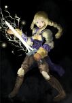  1girl agrias_oaks armor black_background blonde_hair boots braid brown_footwear brown_gloves final_fantasy final_fantasy_tactics full_body gloves highres holding holding_weapon lightning long_hair looking_at_viewer pennginntorio shadow shoulder_armor single_braid smile solo sword weapon 