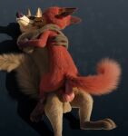  3d_(artwork) absurd_res animal_genitalia animal_penis anthro balls black_nose blender_(software) brown_body brown_fur canid canine canine_genitalia canine_penis canis claws digital_media_(artwork) disney duo embrace eyes_closed fangs fluffy fluffy_tail fox fur genitals gloves_(marking) hands_on_back hi_res high-angle_view huge_filesize knot licking lying male male/male mammal markings nick_wilde nude on_back orange_body orange_fur penetration penis rockyrcoon sex simple_background size_difference sneakyphox tail teeth tongue tongue_out wolf zootopia 
