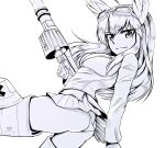  1girl ass bird_tail breasts butt_crack closed_mouth greyscale gun hanna-justina_marseille liar_lawyer long_hair looking_at_viewer medium_breasts military_uniform monochrome panties rifle simple_background smile solo strike_witches striker_unit tail underwear uniform weapon wing_ears world_witches_series 