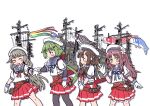  blue_sailor_collar blush brown_hair children&#039;s_day closed_eyes closed_mouth flower gloves green_hair grey_hair hair_ornament hairclip hat height_difference holding_hands kantai_collection kisei_mt koinobori kurahashi_(kancolle) long_hair low_twintails mikura_(kancolle) multiple_girls noumi_(kancolle) open_mouth pleated_skirt red_skirt rigging sailor_collar school_uniform serafuku skirt twintails white_flower white_gloves white_headwear windsock yashiro_(kancolle) 