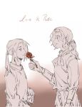  2boys axis_powers_hetalia china_(hetalia) chinese_clothes flower france_(hetalia) gloves highres low_ponytail monochrome multiple_boys parted_bangs red_flower red_rose robe rose suxunhe wavy_hair 