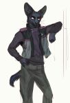  2021 anthro big_ears black_body black_fur bottomwear canid canine cettus clothed clothing fully_clothed fur hand_on_hip jacket male mammal pants simple_background slim solo standing sweater tail topwear white_background 