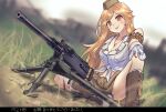  1girl ammunition_belt arigatoner bandolier blonde_hair blurry blurry_background blush boots breasts browning_m2 cleavage clothes_around_waist garrison_cap girls&#039;_frontline gloves gun hat heavy_machine_gun jacket jacket_around_waist jewelry large_breasts long_hair looking_at_viewer m2hb_(girls&#039;_frontline) machine_gun necklace outdoors red_eyes shirt sitting sleeveless sleeveless_shirt solo tongue tongue_out weapon white_gloves white_shirt 