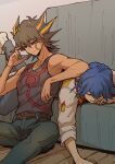  2boys absurdres belt black_hair black_shirt black_tank_top blue_eyes blue_hair bruno_(yu-gi-oh!) closed_eyes couch denim elbow_on_another&#039;s_head elbow_rest floor fudou_yuusei half-closed_eyes hand_up head_on_hand highres indoors jacket jeans leather_belt lying male_focus multicolored_hair multiple_boys on_couch on_floor on_stomach open_mouth pants scratching_head shirt short_hair sitting sleeping sleepy socks spiked_hair streaked_hair tank_top twilight white_jacket white_socks wooden_floor youko-shima yu-gi-oh! yu-gi-oh!_5d&#039;s 