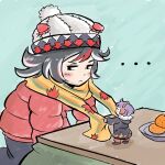  ... 2girls averting_eyes black_hair blush closed_eyes coat earmuffs english_commentary food fruit fur-trimmed_coat fur_trim highres kijin_seija kotatsu leaf_print mandarin_orange maple_leaf_print mini_person minigirl multicolored_hair multiple_girls oysterfried pom_beanie purple_hair red_hair scarf short_hair streaked_hair sukuna_shinmyoumaru table touhou winter winter_clothes winter_coat 