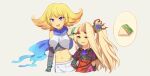  2girls blonde_hair dress flower food hair_flower hair_ornament kid_icarus kid_icarus_uprising long_hair midriff multiple_girls navel open_mouth phosphora ponytail purple_eyes purple_flower red_dress sandwich scarf simple_background smile upper_body viridi white_background wusagi2 yellow_eyes 