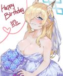  1girl animal_ear_fluff animal_ears bare_shoulders blue_archive blue_dress blue_flower blue_hair blue_halo blue_rose blush bouquet breasts cleavage clenched_teeth collarbone commentary_request dated dress english_commentary flower gurumarider(gr) hair_flower hair_ornament hair_over_one_eye halo happy_birthday highres kanna_(blue_archive) korean_commentary large_breasts long_hair looking_at_viewer mixed-language_commentary off-shoulder_dress off_shoulder rose simple_background solo teeth white_background 