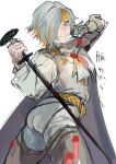  1girl :d ass cape grey_cape grey_eyes grey_hair grey_pants grin highres holding holding_sword holding_weapon imorui3 kromer_(limbus_company) limbus_company long_sleeves looking_at_viewer pants project_moon shirt short_hair simple_background sketch smile solo sword teeth weapon white_background white_shirt 