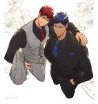  2boys aomine_daiki black_shirt black_suit blue_hair blue_necktie closed_mouth collared_shirt floral_background formal kagami_taiga kuroko_no_basuke long_sleeves male_focus multiple_boys necktie pocket red_hair red_necktie shirt simple_background smile suit sweater_vest twitter_username white_background zawar379 