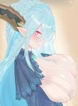  +_+ 1girl absurdres blue_hair blush breasts cleavage dragon_horns fate/grand_order fate/grand_order_arcade fate_(series) from_above hair_between_eyes highres horns large_breasts larva_tiamat_(fate) looking_to_the_side pink_eyes pointy_ears revealing_clothes solo tiamat_(fate) wennananyan 