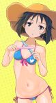  1girl bandaid bandaid_on_face bikini black_hair blue_bikini blush brave_witches breasts collarbone grey_eyes hat highres kanno_naoe keicha_(kmoekaki) looking_at_viewer navel open_mouth short_hair side-tie_bikini_bottom simple_background small_breasts solo swimsuit world_witches_series 