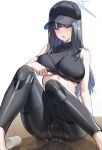  1girl absurdres bare_arms bare_shoulders baseball_cap black_hair black_headwear black_pants black_shirt blue_archive blue_eyes breasts commentary_request crop_top cup feet_out_of_frame hat highres large_breasts leggings long_hair midriff navel pants samart saori_(blue_archive) sexually_suggestive shirt sitting sleeveless sleeveless_shirt solo spill stomach thighs very_long_hair water 