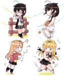  &gt;_&lt; 2girls ahoge black_skirt blonde_hair braid camera chibi closed_eyes dress flying_sweatdrops food fruit glasses hair_flaps hair_ribbon highres holding holding_camera kantai_collection long_hair multiple_girls multiple_views musical_note open_mouth orange_(fruit) pleated_skirt poipoi_purin red-framed_eyewear ribbon sailor_collar scarf school_uniform serafuku shigure_(kancolle) shigure_kai_ni_(kancolle) simple_background single_braid skirt socks torn_clothes white_dress white_sailor_collar white_scarf yuudachi_(kancolle) yuudachi_kai_ni_(kancolle) 