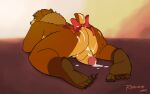  accessory all_fours anthro backsack balls bear big_butt bodily_fluids bow_accessory bow_ribbon brown_bear brown_body brown_fur butt claws cum cum_in_ass cum_inside cum_on_penis feet fur furgonomics genital_fluids genitals humanoid_genitalia humanoid_penis inviting inviting_to_sex looking_at_viewer looking_back looking_back_at_viewer lukas_artair male mammal mockthebear penis penis_backwards presenting presenting_hindquarters raised_tail rear_view small_tail solo tail tail_accessory ursine 