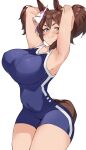  1girl absurdres animal_ears aqua_eyes armpits arms_up blue_one-piece_swimsuit blush breasts brown_hair closed_mouth commentary competition_school_swimsuit competition_swimsuit cowboy_shot fang fox_mask highres horse_ears horse_girl horse_tail inari_one_(umamusume) large_breasts looking_at_viewer mask medium_hair one-piece_swimsuit pirukusu presenting_armpit school_swimsuit simple_background skin_fang smile solo swimsuit tail tracen_swimsuit twintails umamusume v-shaped_eyebrows white_background 