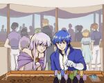  1boy 1girl bare_shoulders blue_eyes blue_hair brother_and_sister dress english_commentary fire_emblem fire_emblem:_genealogy_of_the_holy_war gloves julia_(fire_emblem) purple_eyes purple_hair seliph_(fire_emblem) shopping siblings smile yeorel 