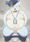  2023 anthro belly big_belly black_nose blue_body blush bottomwear bottomwear_down canid canine canis clothed clothing detailed_background domestic_dog genitals hat headgear headwear hi_res kemono lick1832 male mammal overweight overweight_male pants pants_down partially_clothed penis sitting small_penis solo train_conductor underwear underwear_down 