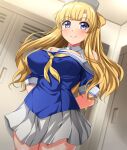  1girl absurdres adapted_costume arms_behind_back blonde_hair blue_shirt breasts commentary_request commission double_bun dutch_angle fletcher_(kancolle) hair_bun highres kantai_collection large_breasts locker locker_room long_hair neckerchief off_shoulder pixiv_commission pleated_skirt purple_eyes sailor_collar sailor_shirt school_uniform serafuku shirt skirt smile solo white_sailor_collar white_skirt yellow_neckerchief zanntetu 