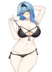  1girl arm_behind_head arm_up armpits bare_arms bare_shoulders bikini black_bikini black_hairband blue_eyes blue_hair breasts commentary cowboy_shot eula_(genshin_impact) front-tie_bikini_top front-tie_top genshin_impact groin hairband head_tilt highres jenova_(veloci1313) large_breasts long_hair looking_at_viewer navel side-tie_bikini_bottom simple_background solo standing stomach strap_pull swimsuit thighs white_background 