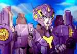  1girl blue_eyes breasts delari delariduchess helmet highres humanoid_robot mechanical_parts mechanical_wings nautica_(transformers) purple_lips robot solo the_transformers_(idw) transformers upper_body wings wrench 