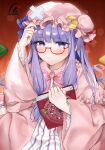  1girl :&lt; absurdres arm_up bespectacled blue_ribbon blunt_bangs blush book bow bowtie closed_mouth commentary_request crescent crescent_hat_ornament crossed_bandaids dress flua_(fee_de_la) frills frown glasses hat hat_ornament hat_ribbon highres holding holding_book long_hair looking_at_viewer mob_cap patchouli_knowledge pink_bow pink_bowtie purple_eyes purple_hair red-framed_eyewear red_ribbon ribbon robe solo squiggle striped striped_dress touhou wide_sleeves 