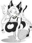  1girl absurdres animal_ears arm_support braid breasts cat_cutout cat_ears cat_lingerie cat_tail cleavage cleavage_cutout clothing_cutout commentary_request cosplay fishnet_thighhighs fishnets full_body heart high_contrast highres himajin_noizu kaenbyou_rin kaenbyou_rin_(cosplay) large_breasts long_hair meme_attire monochrome open_mouth parted_bangs paw_pose simple_background solo tail thighhighs touhou twin_braids yagokoro_eirin 
